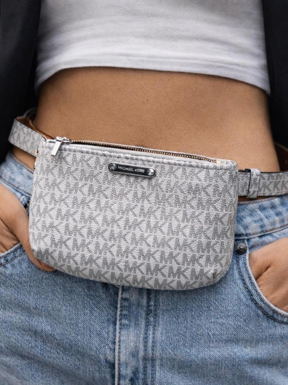 Michael Kors Women's Adjustable Belt Bag Silver w/ Signature MK Print